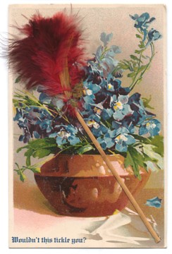 Featured is an early 20th century postcard with a mini feather duster attached.  As a child, I could never figure out if feather dusters were for tickling or dusting ... obviously the creator of this card had the same question.  The original postcard is for sale in The unltd.com Store.  A fun item for housekeepers.